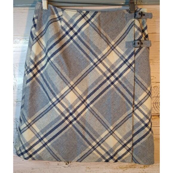 VTG Liz Claiborne Wool Blend Plaid Gray Wrap Skirt Buckle Sz 10 Y2K Preppy - Picture 2 of 6